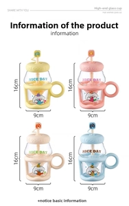 Detailed comparison of four cute cartoon glass water cups with straw and protective sleeve
