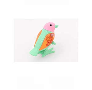 Vue détaillée d'un oiseau mécanique coloré avec tête pivotante et ailes décorées