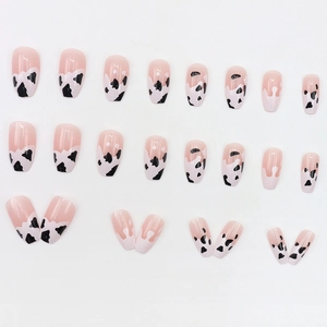 Nude ballet press-on nails set with cow print patterns and white French tips 24pcs
