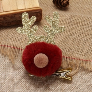 Barrette de Noël renne avec pompon rouge et bois dorés pailletés pour enfants et bébés