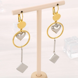 Elegant gold and silver geometric dangle earrings featuring heart and square charms