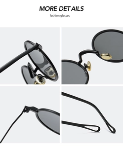 Detail der runden Retro-Punk-Sonnenbrille mit Metall-Nasenpads und hohlen Bügelenden