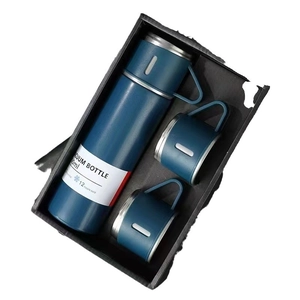 Dark blue stainless steel vacuum flask set with two cups in a black premium gift box