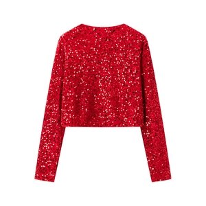 Close-up of vibrant red sequin crop top with long sleeves and reflective texture