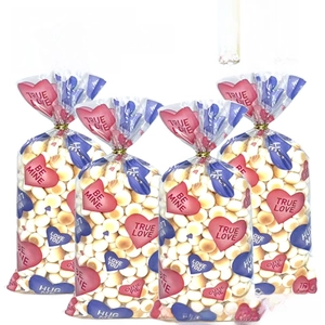 Clear OPP candy bag with colorful heart prints and gold twist tie for Valentine snacks