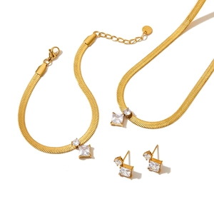 Minimalist gold stainless steel jewelry set with square zircon necklace bracelet earrings