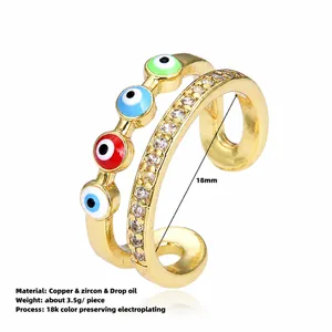 Detailed view of evil eye open ring with cubic zirconia and 18mm inner diameter size