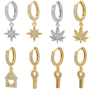 Pendientes de Aro de Latón con Micro Circonia Estrella Octogonal Hoja Llave Casa Oro Plata Chapado Mujer Joyería Tendencia