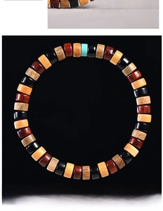 Detailed close-up of colorful wooden bead bracelet featuring fine wood grain textures