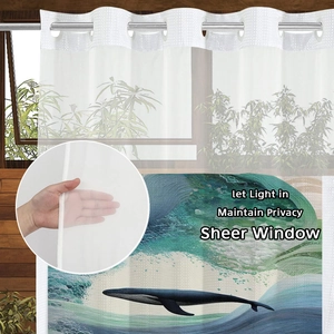 Detail showing sheer curtain texture with whale print and silver metal grommets