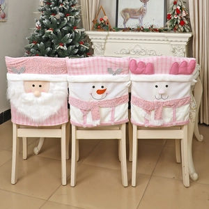 Christmas Chair Back Covers Pink Santa Snowman Reindeer Velvet Plush Sequin Festive Dining Room Kitchen Decoration