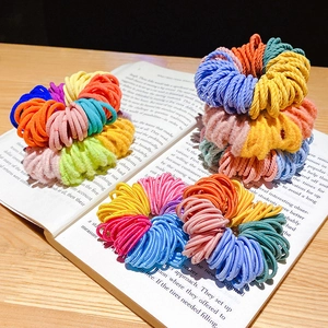 Colorful soft ribbed fabric elastic hair ties set for kids placed on a vintage book
