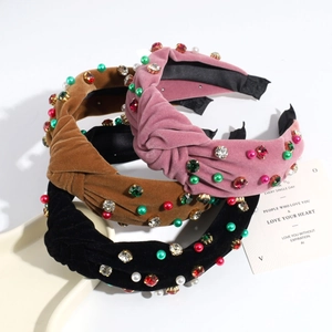 Knot velvet headbands set with colorful rhinestones and pearls for women's hair accessories