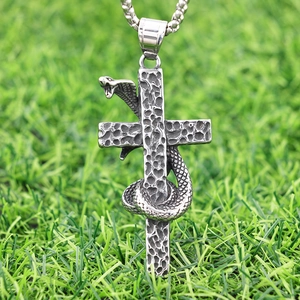 Vintage stainless steel cross necklace with snake pendant and hammered texture finish