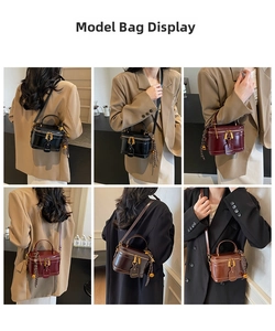 Detailed views of vintage box bags in black, burgundy and tan with tassels