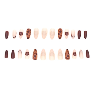 Brown leopard print and flower almond press-on nails set with 24 pieces in various sizes