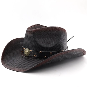 Retro two-tone straw cowboy hat with star buckle band and wide brim for sun protection