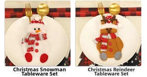 Detailed close-up of snowman and elk cutlery holders on a festive Christmas table set