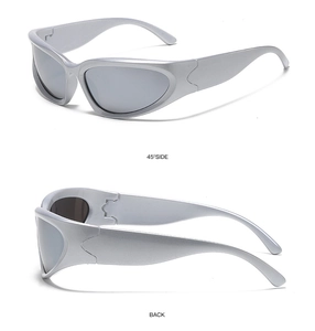 Macro detail of matte silver sports sunglasses with dark grey lenses and wide temples