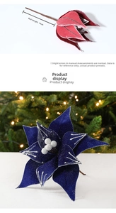 Detail of velvet Christmas poinsettia flowers with silver glitter edges and 14cm stems