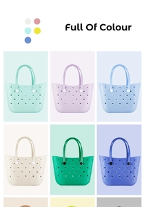 Matrix display of colorful EVA beach tote bags in mint, lilac, and blue hues