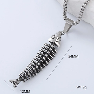 Vintage stainless steel fishbone pendant necklace for men with turquoise detail