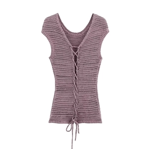 Purple knitted tank top with back lace-up cross design and V-neckline flat lay