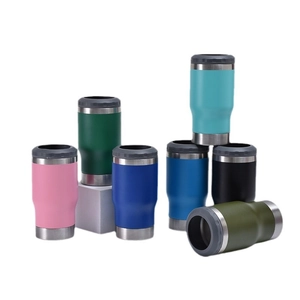 Set of colorful 14oz stainless steel beer can coolers with Bluetooth speaker base and non-slip grip
