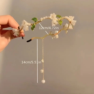 Elegant lily of the valley headband with white pearls and long tassel for women