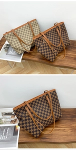 Detail of vintage checkered tote bag set featuring small pouch and leather handles