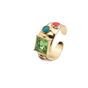Bohemian 18K gold-plated adjustable ring with green square zircon and colorful stones