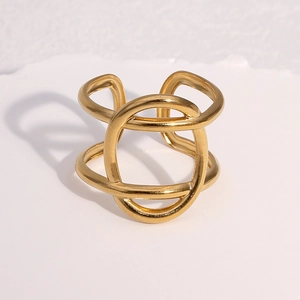 Classic 18k gold plated stainless steel open ring with interwoven geometric design