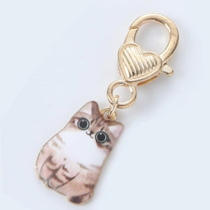 Detail of cute cartoon cat pendant with golden heart-shaped lobster clasp on white background