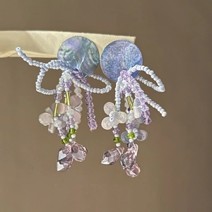 Handmade Beaded Flower Dangle Earrings With Shell Petals Crystal Dangles And Silver Earring Post French Chic Style For Women