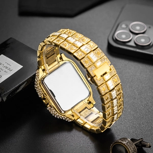 Close-up of luxury gold metal smart watch band fully paved with clear crystals