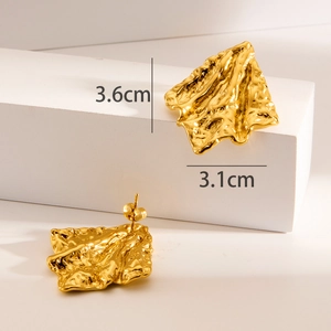 Detailed view of 18K gold plated textured earrings with 3.6cm and 3.1cm dimensions