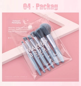 Detailed view of 6-piece makeup brush set with light blue handles in a clear PVC pouch