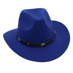 Detail of royal blue felt fedora featuring star studs on black leather band