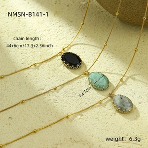 Detailed specs for oval natural stone necklaces in black, green, and gray with gold chain