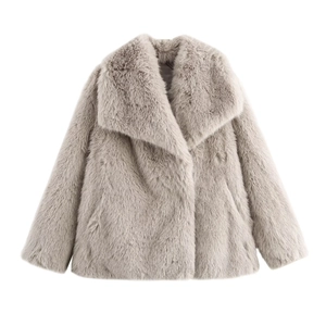 Detailed texture of light grey faux fur collar on a stylish long-sleeved winter coat