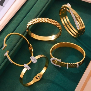 British style geometric gold plated stainless steel bracelets with diamond accents