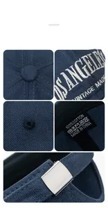 Detailed views of navy blue cotton baseball cap with Los Angeles vintage embroidery