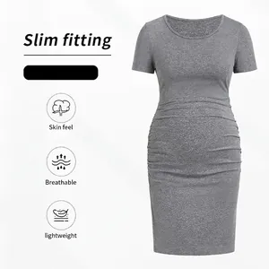 Slim fit short sleeve grey maternity dress with ruched waist and breathable fabric