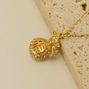18k gold plated stainless steel lucky bag pendant necklace with sparkling zircons
