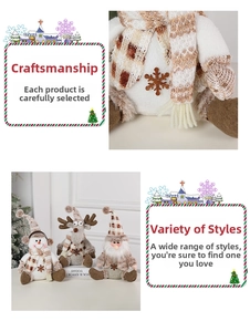 Detail of Christmas plush gnome, snowman, and reindeer dolls with knit hats and scarves