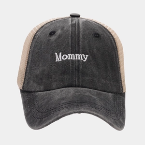 Detail of Mommy embroidery on vintage washed denim trucker hat with mesh back