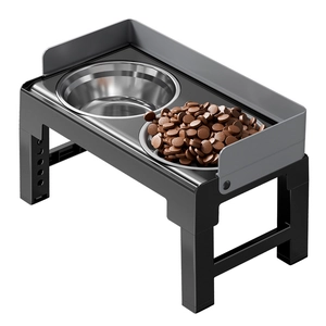 Adjustable height elevated pet feeder with two stainless steel bowls and splash guard