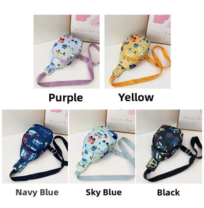 Detailed view of children's cartoon chest bags in five colors with vehicle patterns
