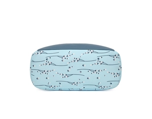 Detail view of the reinforced bottom of a light blue floral Oxford fabric backpack