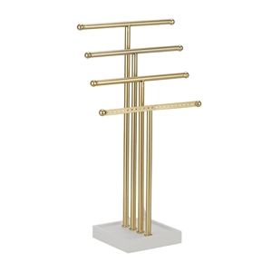 4-tier gold T-bar jewelry display stand with white wooden base for necklaces and earrings